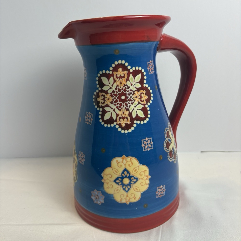 Dutch Wax Coastline Imports Floral Ceramic Pitcher Hand Painted Boho 9.5”